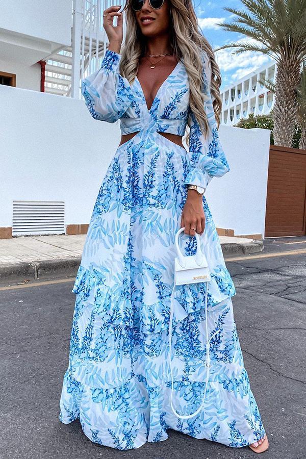 Long Sleeve Printed Hollow Maxi Dress