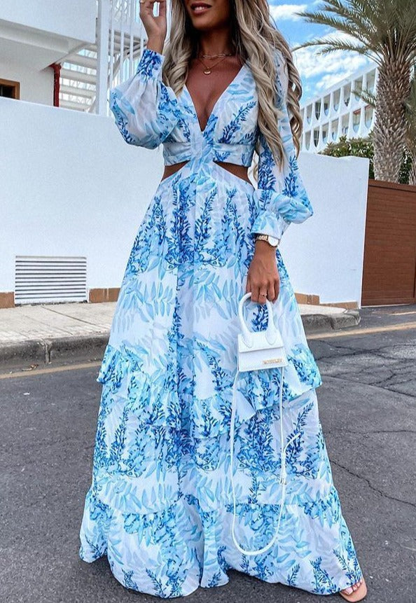 Long Sleeve Printed Hollow Maxi Dress