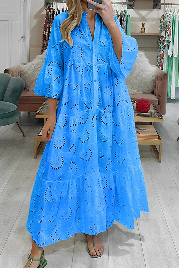 🌸Up to 80% off🔥 V Neck Flares Sleeve Embroidery Cotton Dress