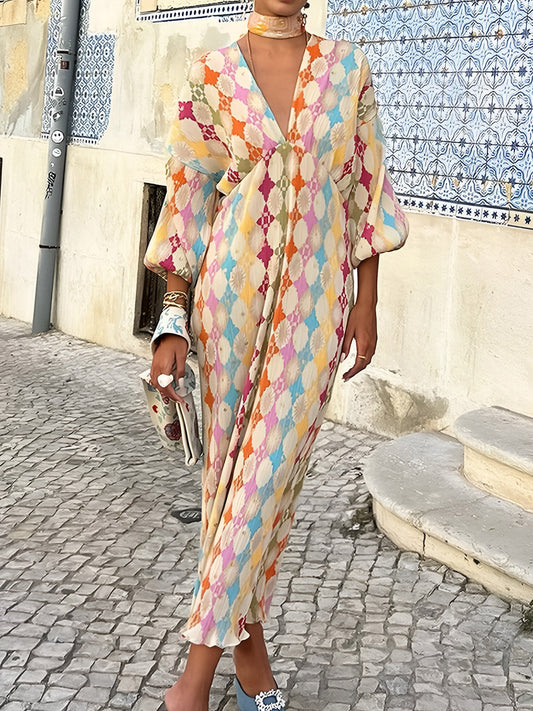 Unique Print Kimono Puff Sleeve Midi Dress