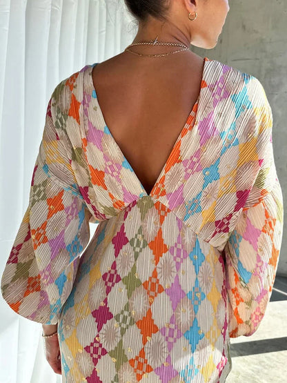 Unique Print Kimono Puff Sleeve Midi Dress