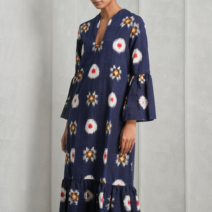 Long-Sleeved Sunflower Linen Dress