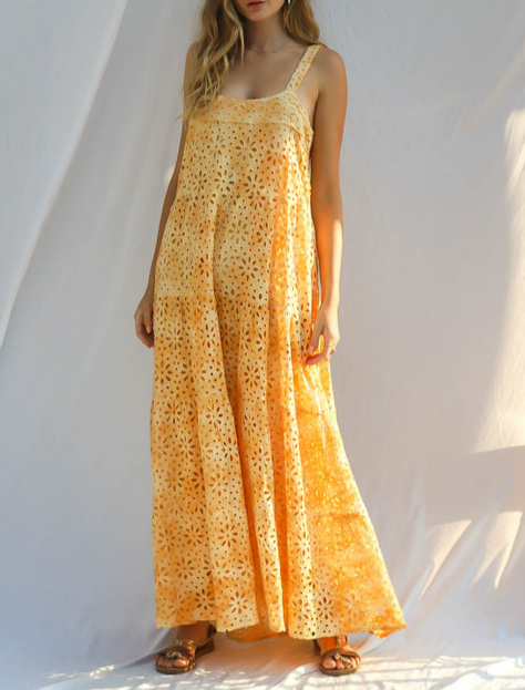 Yellow and White Eyelet Maxi Dress