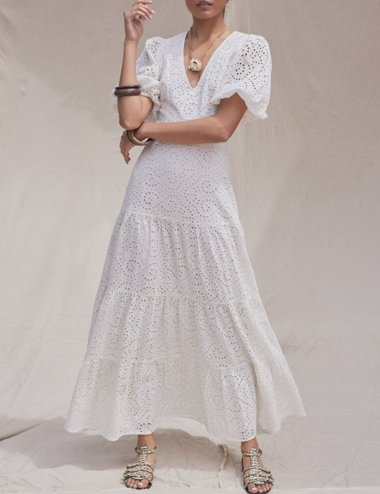 White Cotton Eyelet Puff Sleeve Midi Dress