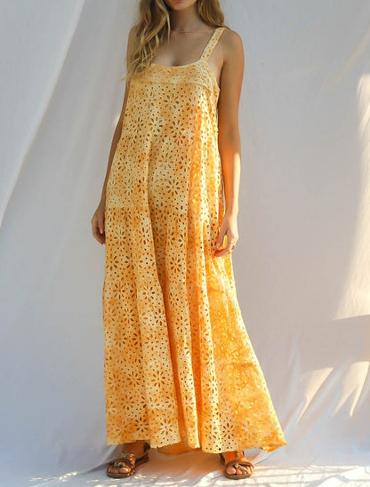 Yellow and White Eyelet Maxi Dress