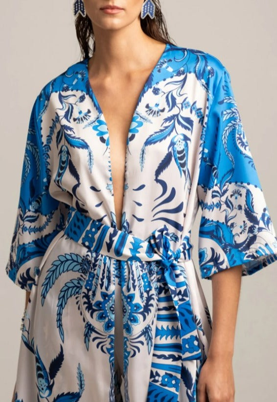 SILKY KIMONO "DAMASK" WHITE/BLUE