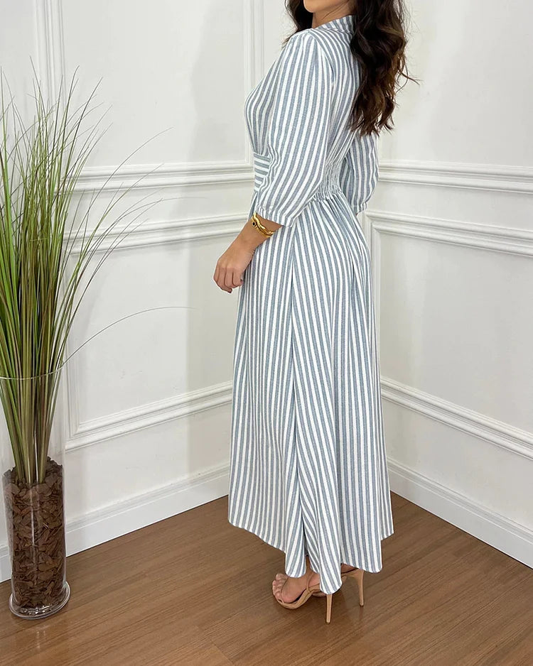 LAPEL STRIPED PRINT SHIRT DRESS