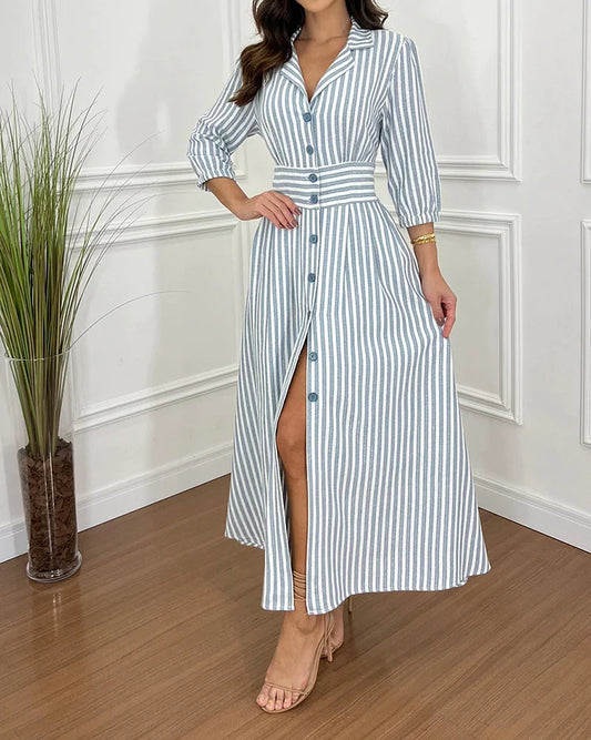 LAPEL STRIPED PRINT SHIRT DRESS