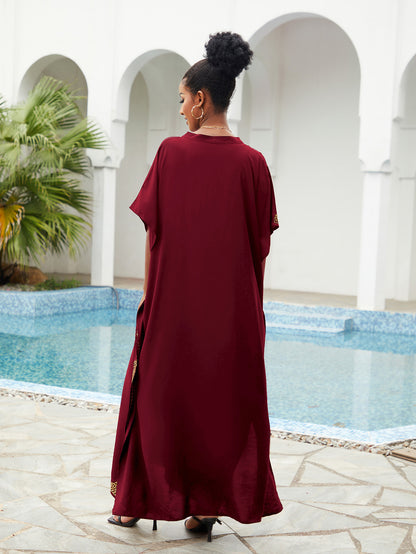 🌸Up to 50% off🔥Embroider Plus Size Kaftan Dress Beach Cover Up for Women Ethnic Print V-Neck Loose Caftan Maxi Dresses