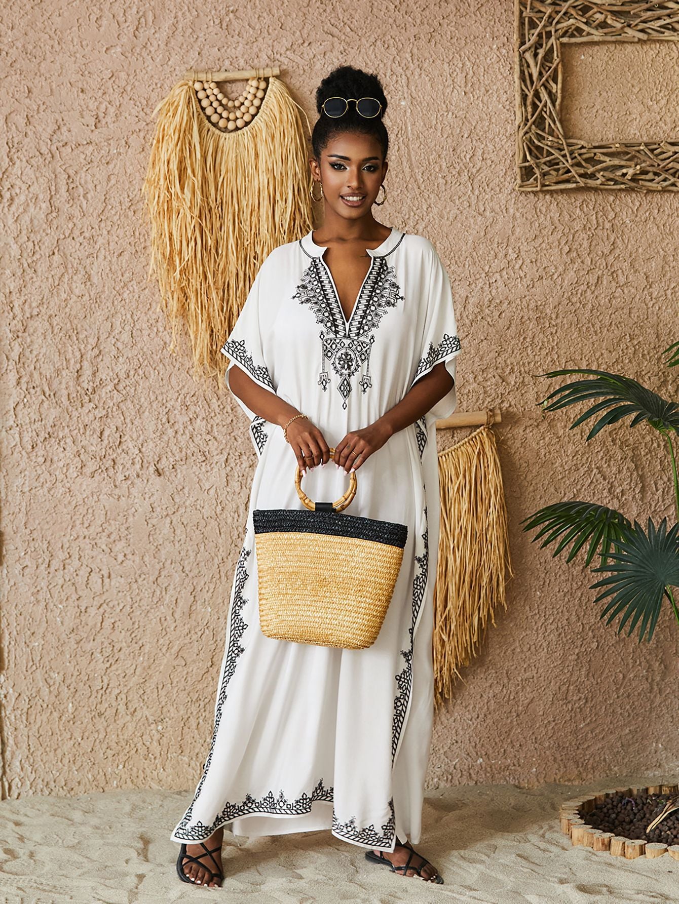 🌸Up to 50% off🔥Embroider Plus Size Kaftan Dress Beach Cover Up for Women Ethnic Print V-Neck Loose Caftan Maxi Dresses