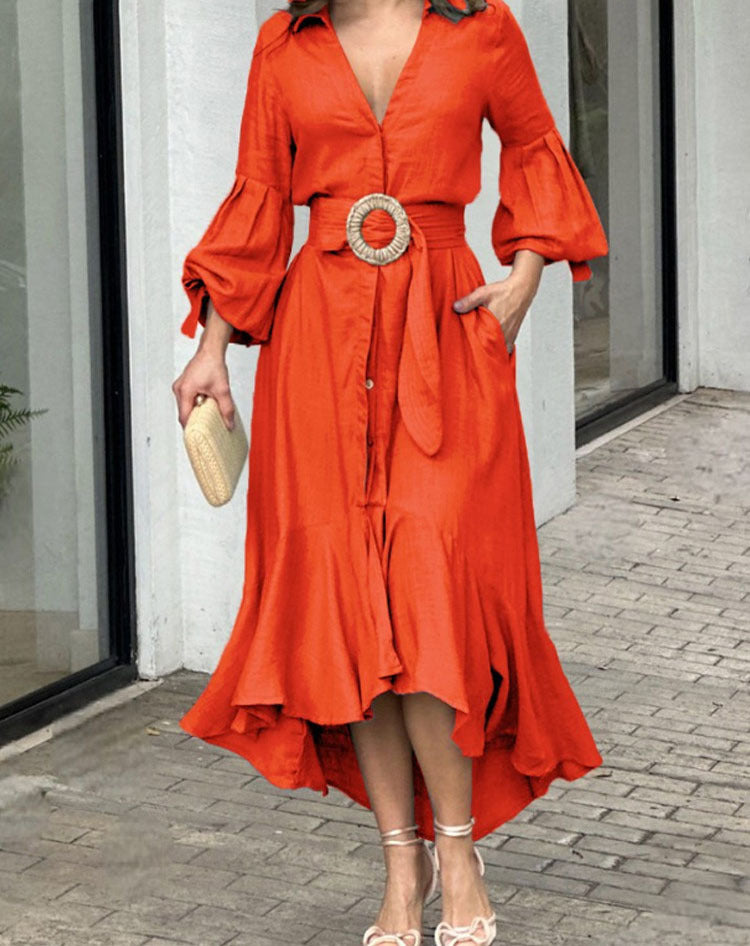 Full Sleeve V-Neck Lapel Pocket Long Dress