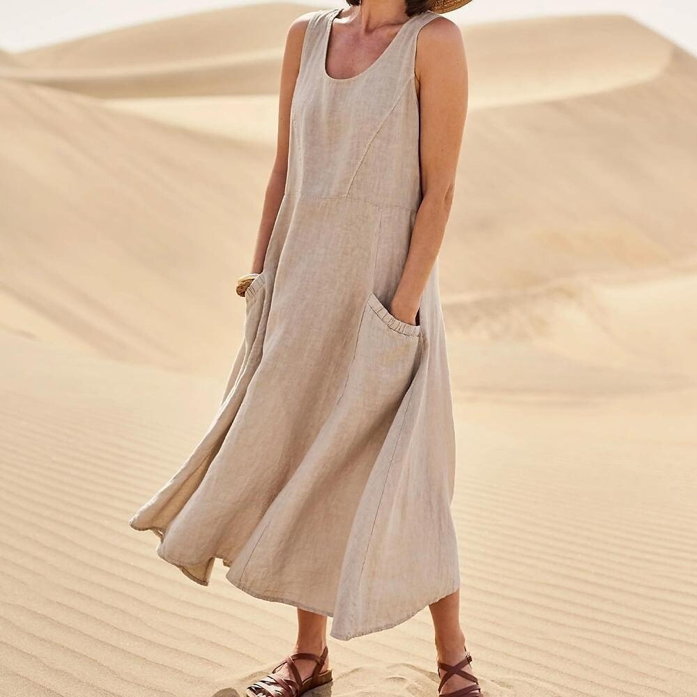 Pocket Sleeveless Cotton and Linen Dress