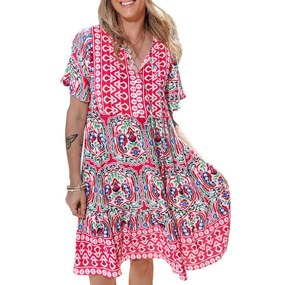 V-neck Loose Bohemian Print Dress