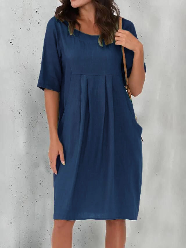 Cotton and Linen Pleated Pockets Casual Loose Dress