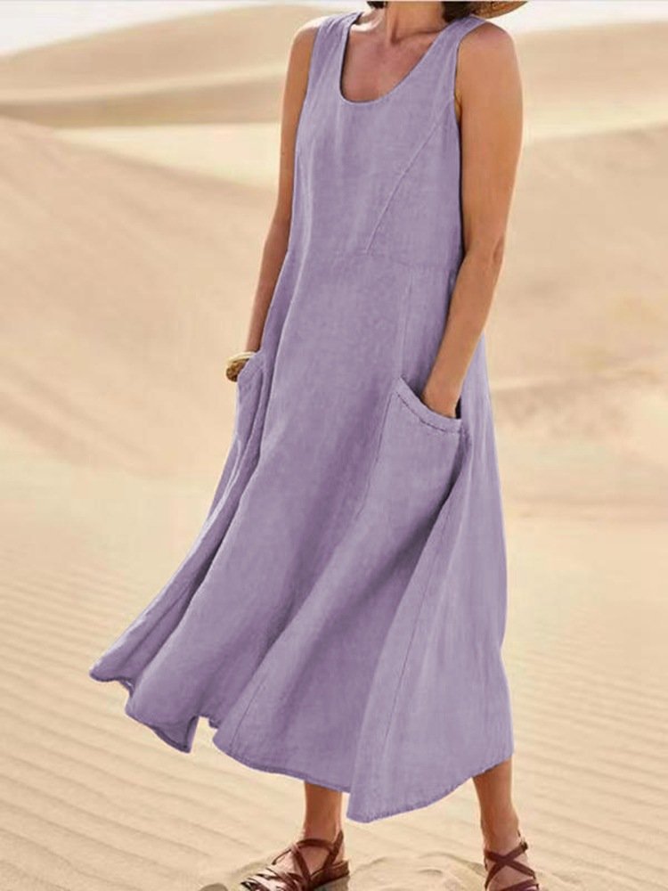 Pocket Sleeveless Cotton and Linen Dress