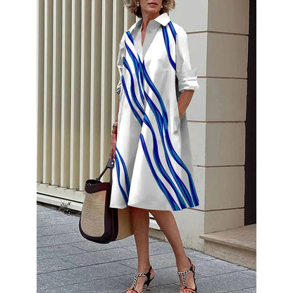 Loose Three-quarter Sleeve Ribbed Lapel Shirt Dress