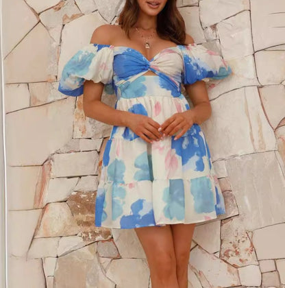 Printed Hollow V-neck Bubble Sleeve High Waisted Short Dress