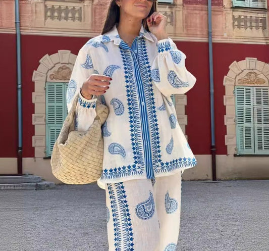 Linen Printed Macaron Long Sleeve Set