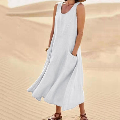 Pocket Sleeveless Cotton and Linen Dress