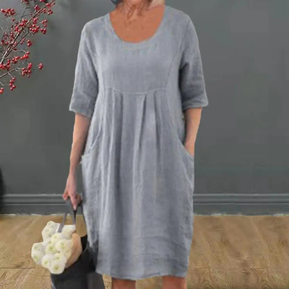 Cotton and Linen Pleated Pockets Casual Loose Dress