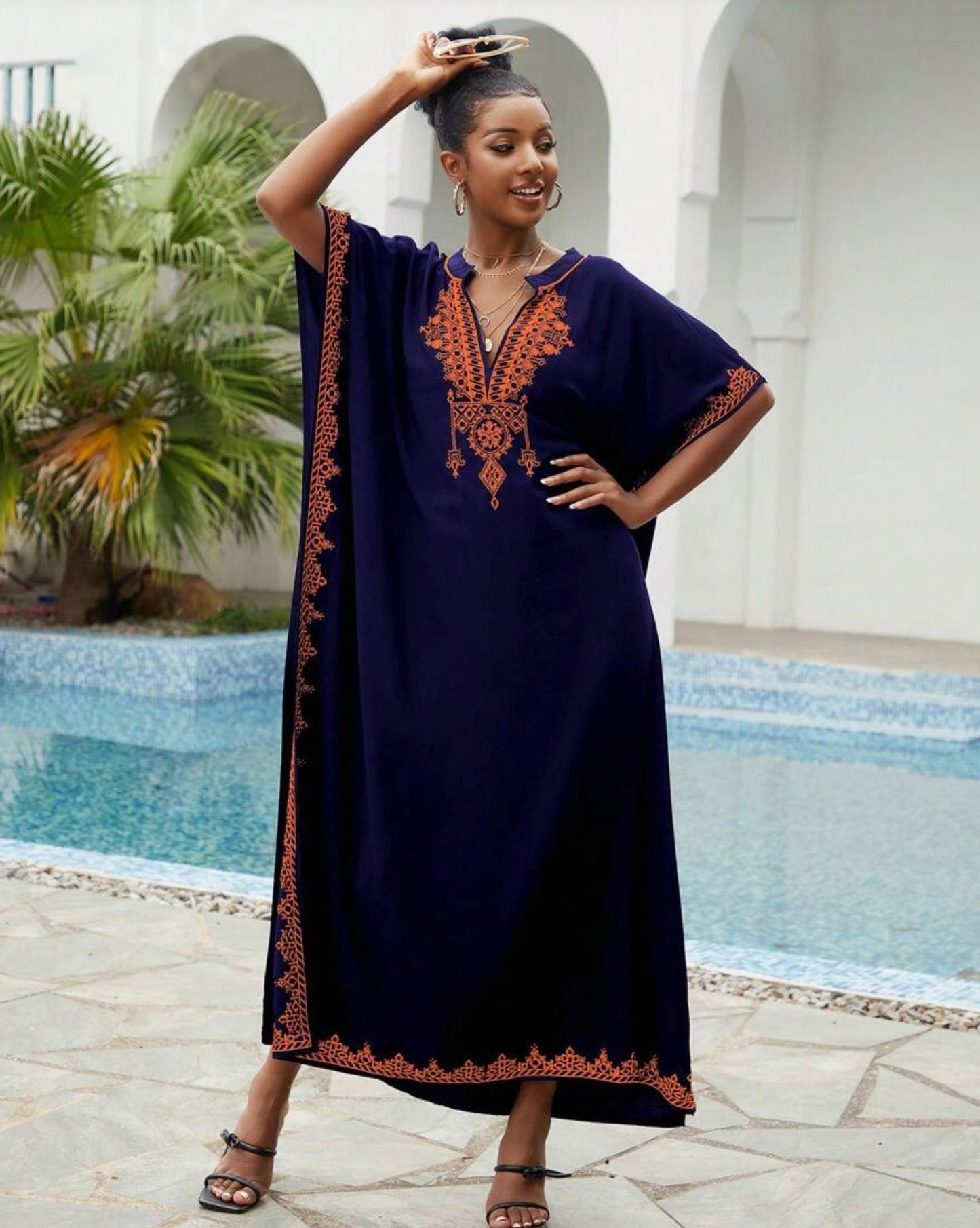 🌸Up to 50% off🔥Embroider Plus Size Kaftan Dress Beach Cover Up for Women Ethnic Print V-Neck Loose Caftan Maxi Dresses