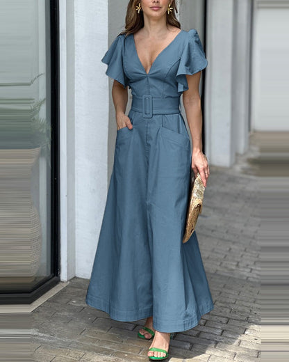 V-neck Solid Color Lotus Leaf Sleeve Long Dress