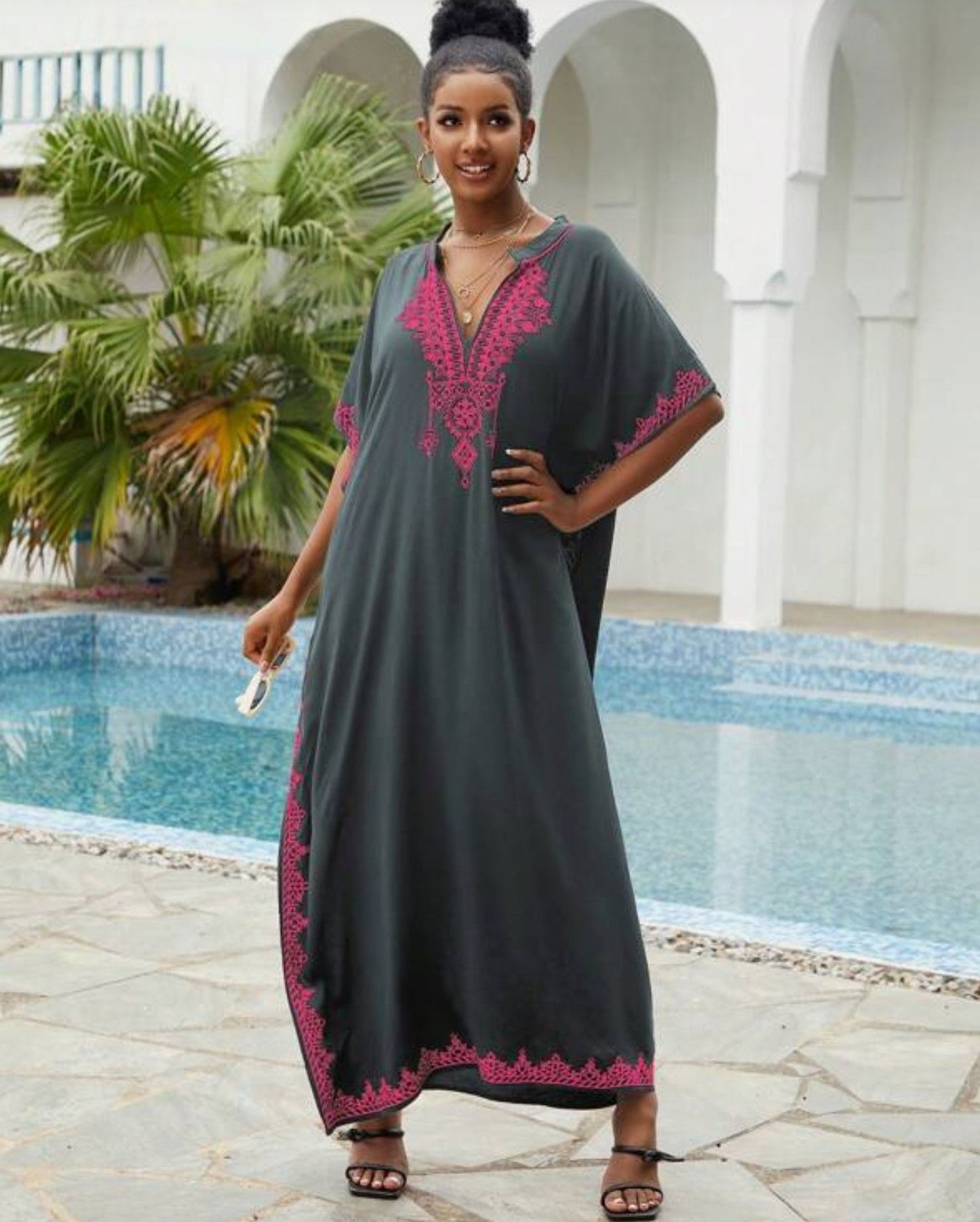 🌸Up to 50% off🔥Embroider Plus Size Kaftan Dress Beach Cover Up for Women Ethnic Print V-Neck Loose Caftan Maxi Dresses