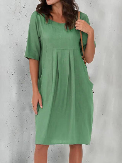 Cotton and Linen Pleated Pockets Casual Loose Dress