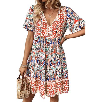 V-neck Loose Bohemian Print Dress