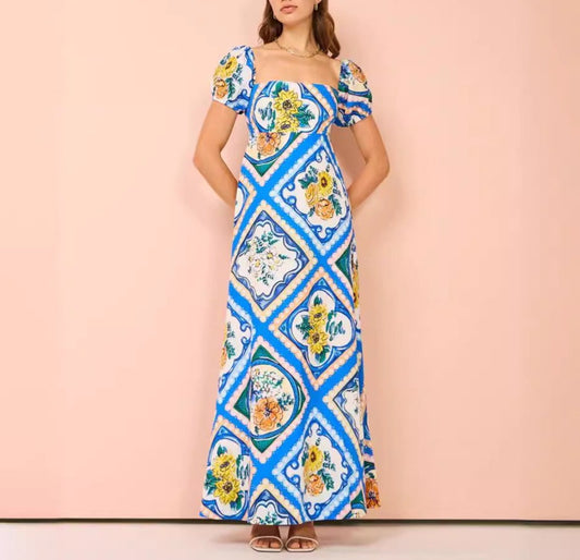 Printed Bubble Sleeves Linen One Shoulder Long Dress