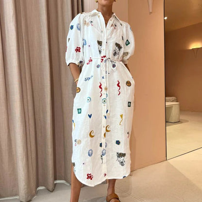 Graffiti Lantern Sleeve Printed Shirt Dress