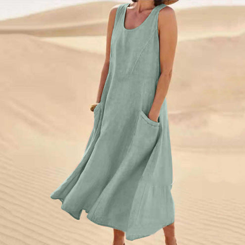 Pocket Sleeveless Cotton and Linen Dress