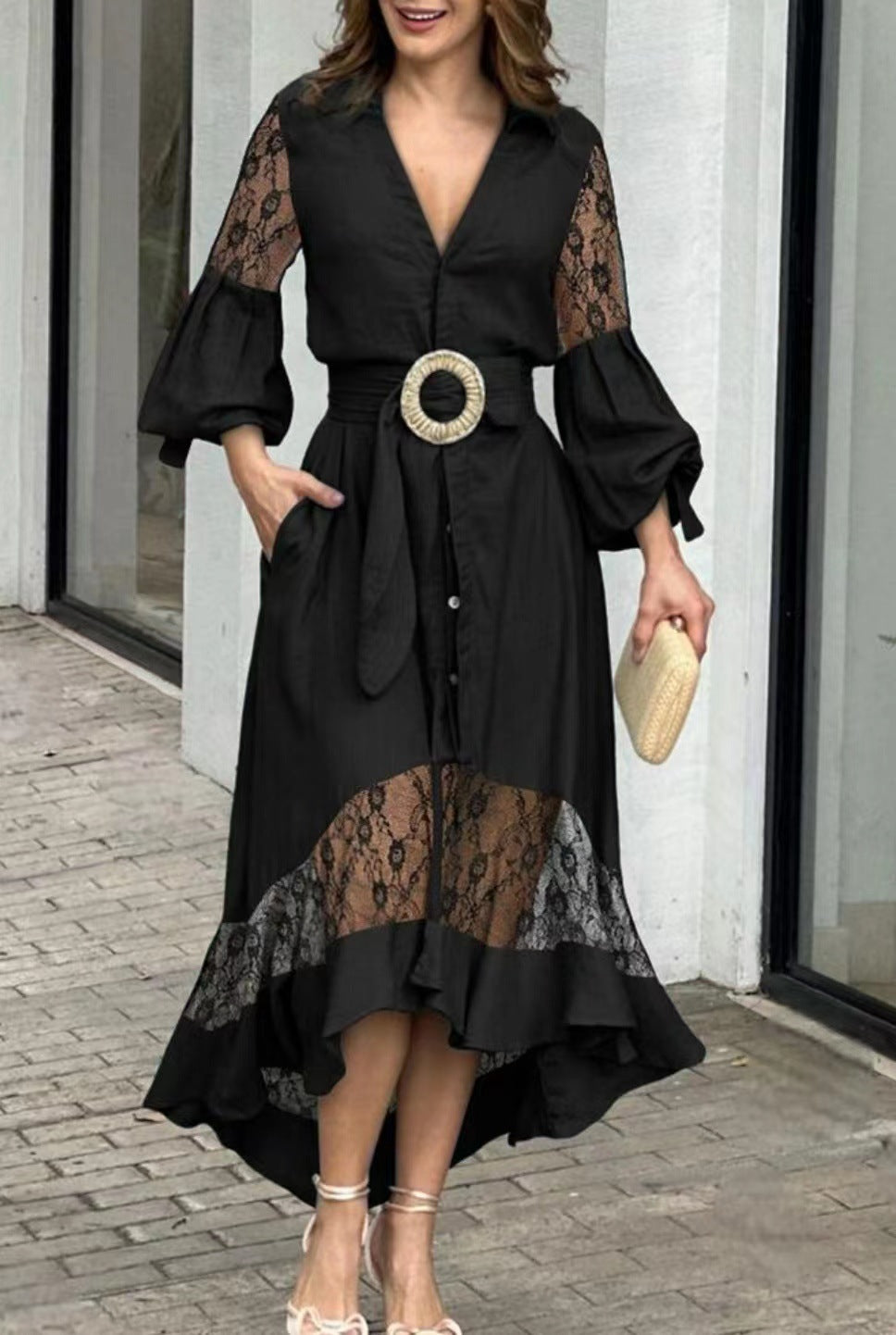 Full Sleeve V-Neck Lapel Pocket Long Dress