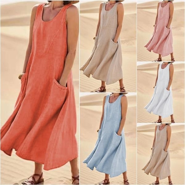 Pocket Sleeveless Cotton and Linen Dress