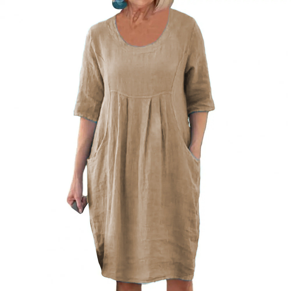 Cotton and Linen Pleated Pockets Casual Loose Dress