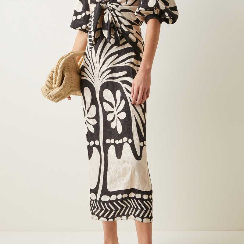 Bubble Short Sleeve Printed Long Dress