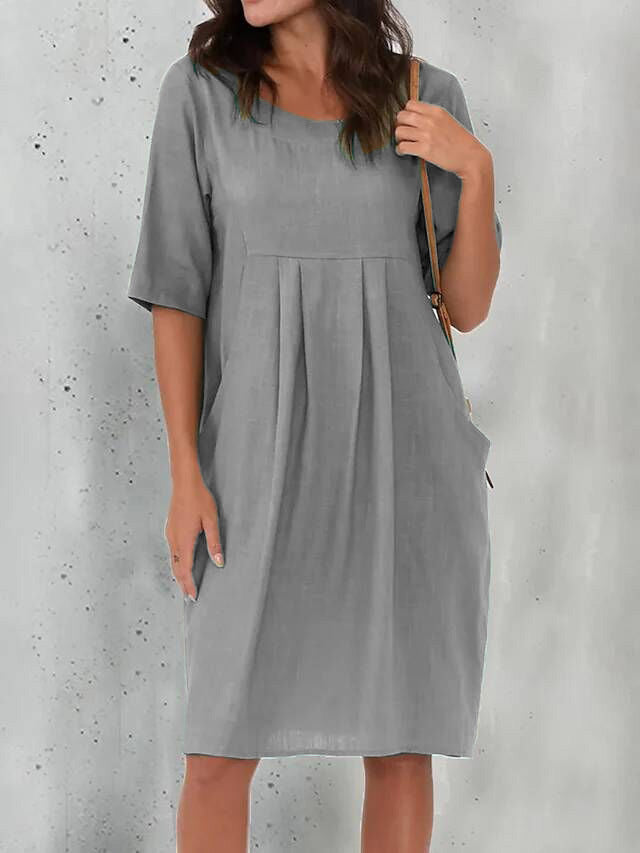 Cotton and Linen Pleated Pockets Casual Loose Dress