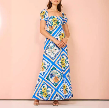 Printed Bubble Sleeves Linen One Shoulder Long Dress