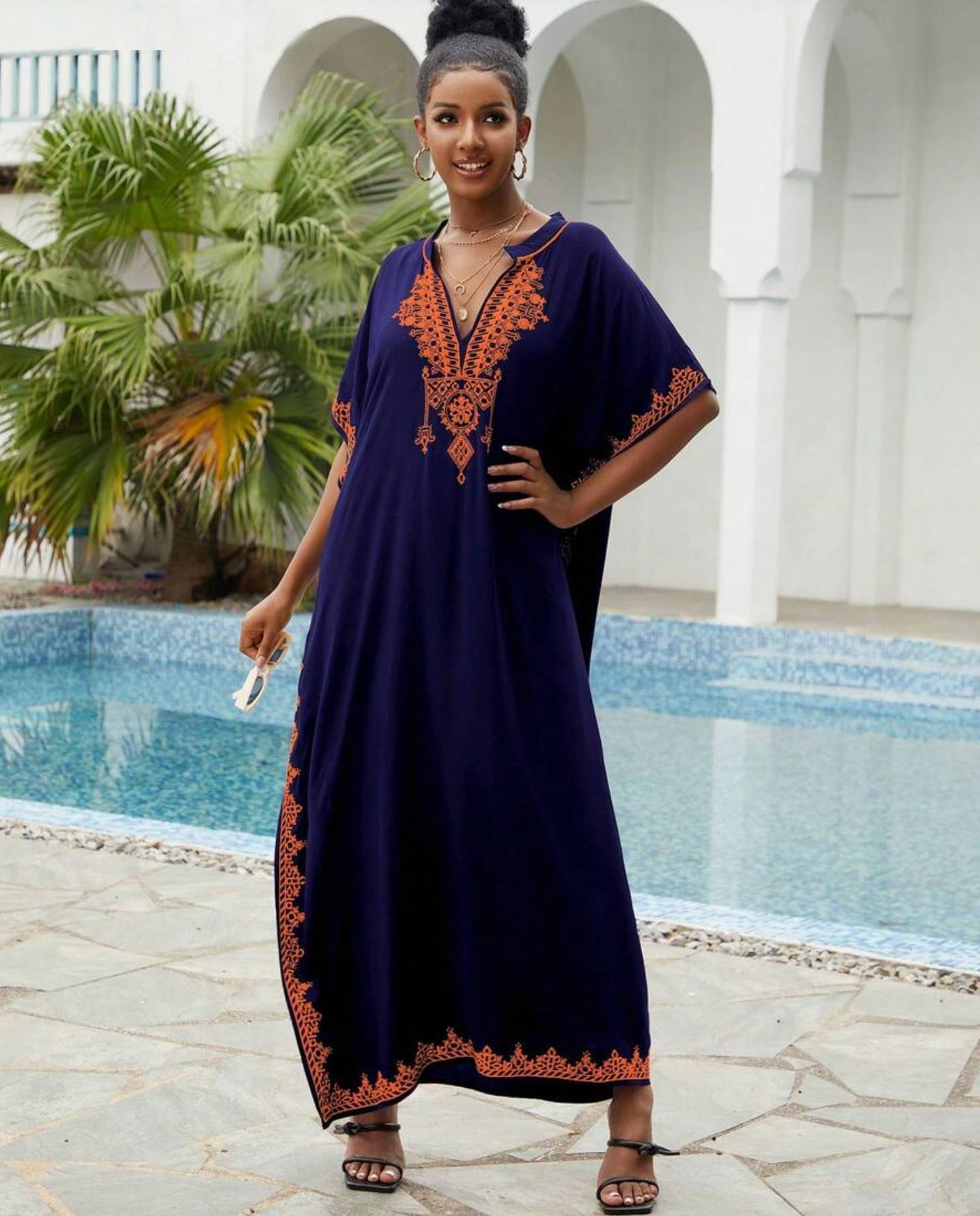 🌸Up to 50% off🔥Embroider Plus Size Kaftan Dress Beach Cover Up for Women Ethnic Print V-Neck Loose Caftan Maxi Dresses