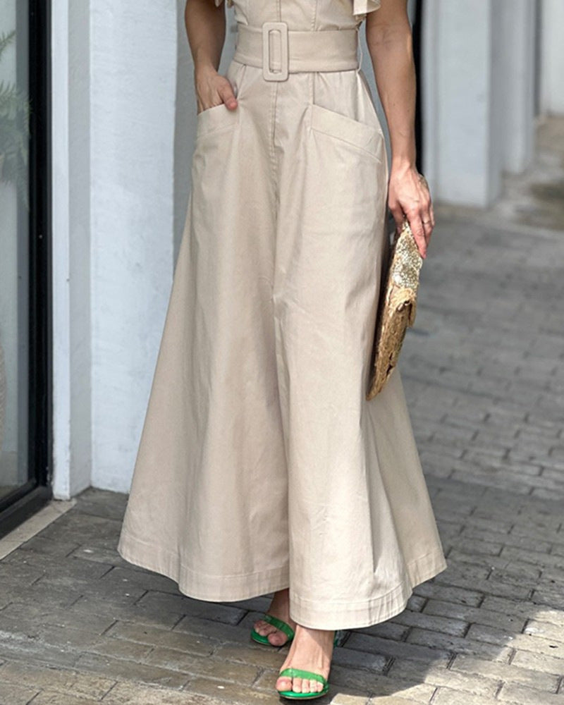 V-neck Solid Color Lotus Leaf Sleeve Long Dress