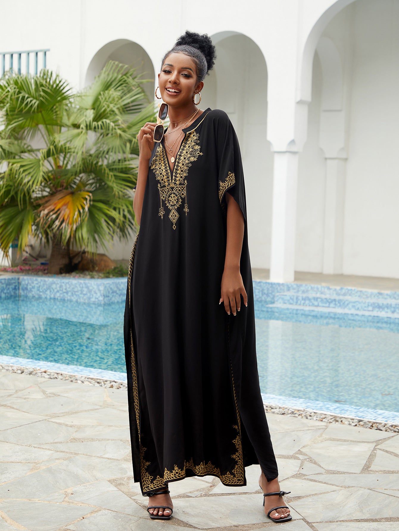 🌸Up to 50% off🔥Embroider Plus Size Kaftan Dress Beach Cover Up for Women Ethnic Print V-Neck Loose Caftan Maxi Dresses