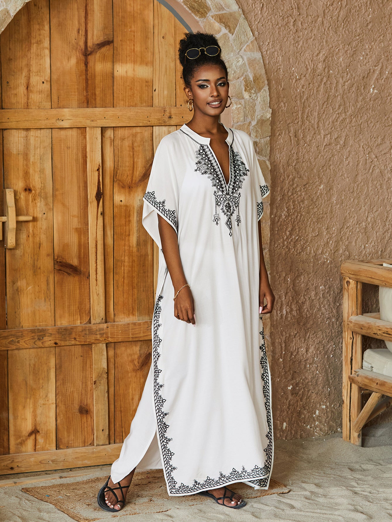 🌸Up to 50% off🔥Embroider Plus Size Kaftan Dress Beach Cover Up for Women Ethnic Print V-Neck Loose Caftan Maxi Dresses