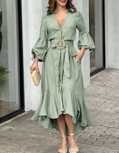 Full Sleeve V-Neck Lapel Pocket Long Dress