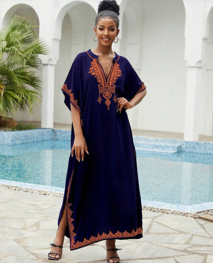 🌸Up to 50% off🔥Embroider Plus Size Kaftan Dress Beach Cover Up for Women Ethnic Print V-Neck Loose Caftan Maxi Dresses