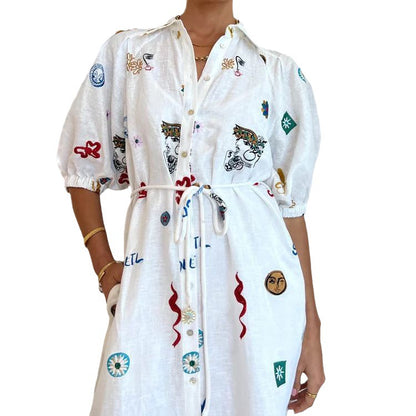 Graffiti Lantern Sleeve Printed Shirt Dress