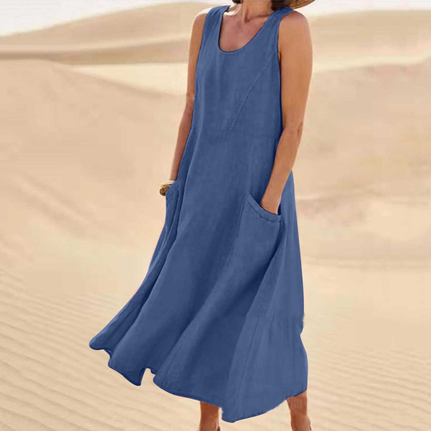 Pocket Sleeveless Cotton and Linen Dress