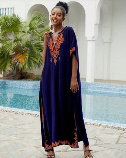 🌸Up to 50% off🔥Embroider Plus Size Kaftan Dress Beach Cover Up for Women Ethnic Print V-Neck Loose Caftan Maxi Dresses