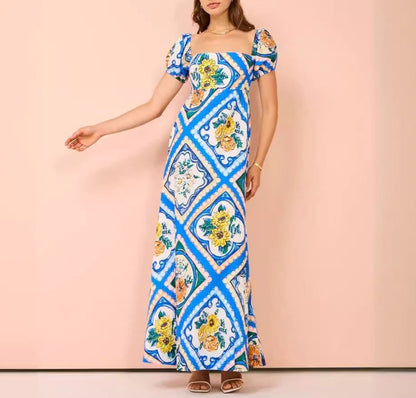 Printed Bubble Sleeves Linen One Shoulder Long Dress