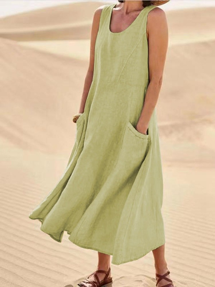 Pocket Sleeveless Cotton and Linen Dress