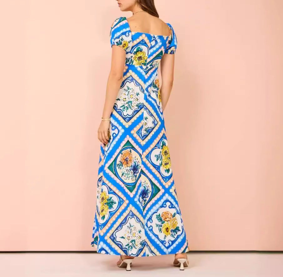 Printed Bubble Sleeves Linen One Shoulder Long Dress